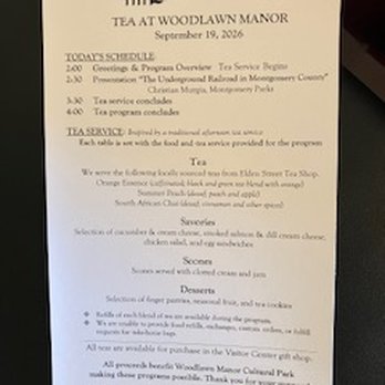 Woodlawn Manor - Menu & Program  For 9/19/26 Afternoon Tea Event - Venues & Event Spaces Near Me - Sandy Spring, Maryland