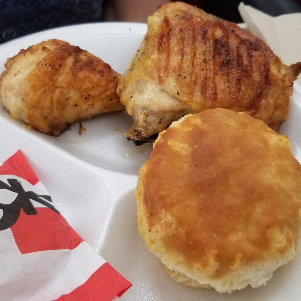 KFC - Grilled leg and thigh, biscuit, and cookie in that paper wrap. - Fast Food Near Me - Denton, Texas