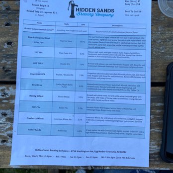 Hidden Sands Brewing Company - Menu. (Food stains are mine). They allow outside food. So we brought some with us. - Breweries Near Me - Egg Harbor Township, New Jersey Hidden Sands Brewing Company - Menu. (Food stains are mine). They allow outside food. So we brought some with us. - Breweries Near Me - Egg Harbor Township, New Jersey