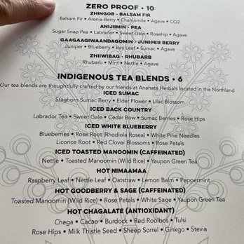 Owamni - Mocktail and tea menu - I had the zhingbob and it was unique and refreshing - New American Near Me - Minneapolis, Minnesota