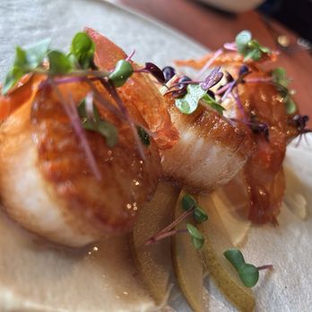 Madeline - SCALLOPS with white Miso Celery Root Puree, Jasmine Tea Pickled Pears, Prosciutto - Restaurants Near Me - Denver, Colorado Madeline - SCALLOPS with white Miso Celery Root Puree, Jasmine Tea Pickled Pears, Prosciutto - Restaurants Near Me - Denver, Colorado