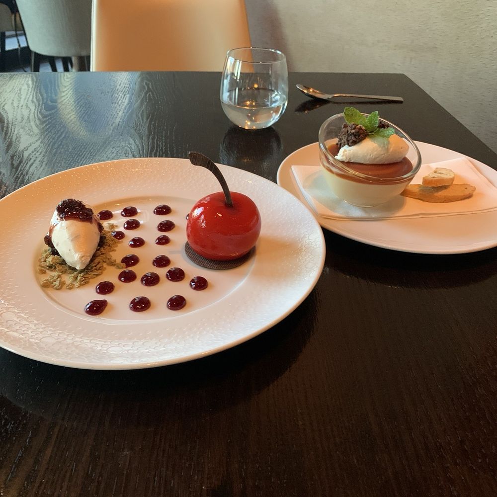Scarpetta - Cherry pistachio mousse cake and salted caramel budino - Italian Near Me - Las Vegas, Nevada Scarpetta - Cherry pistachio mousse cake and salted caramel budino - Italian Near Me - Las Vegas, Nevada