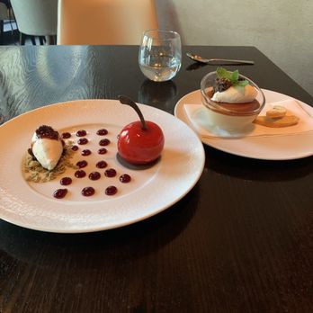 Scarpetta - Cherry pistachio mousse cake and salted caramel budino - Italian Near Me - Las Vegas, Nevada