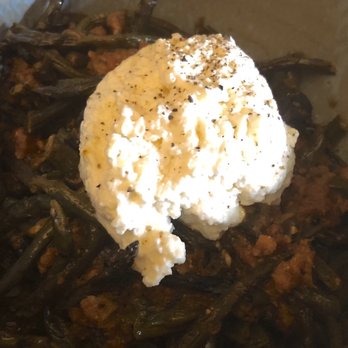 Cook Weaver - Smoked Chinese long bean with pork kimchi bolognese topped with house made ricotta cheese. - Modern European Near Me - Seattle, Washington