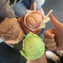 Cone Sweet Cone - Peanut butter chocolate ice cream, strawberry ice cream, pistachio ice cream