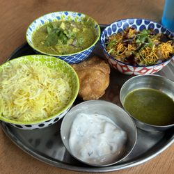 Chit Chaat - Vegetarian combo meal with cilantro paneer, chaat, samosa, and naan (naan not pictured). All very tasty!