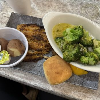 Bahama Bobs - Catch of the day: trigger fish, boiled potatoes, and garlic butter broccoli. - Seafood Near Me - Gulf Shores, Alabama Bahama Bobs - Catch of the day: trigger fish, boiled potatoes, and garlic butter broccoli. - Seafood Near Me - Gulf Shores, Alabama