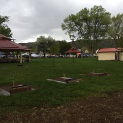 Rose Memorial Park - View of the park, restroom building, and horseshoes