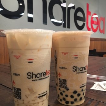 Sharetea - Classic Green Milk Tea w/ Lychee Jelly (left)  Roasted Oolong Milk Tea w/ Boba (right) - Coffee & Tea Near Me - Fremont, California