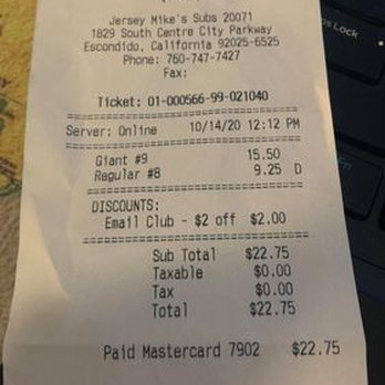 Jersey Mike's Subs - $22.75 gone to a complete waste - sandwich was disgusting since they forgot our oil & vinegar and phone number listed only goes to voicemail - Sandwiches Near Me - Escondido, California
