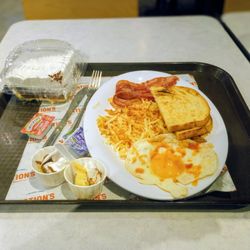 Nation's Giant Hamburgers - One egg breakfast, side of chocolate cream pie.