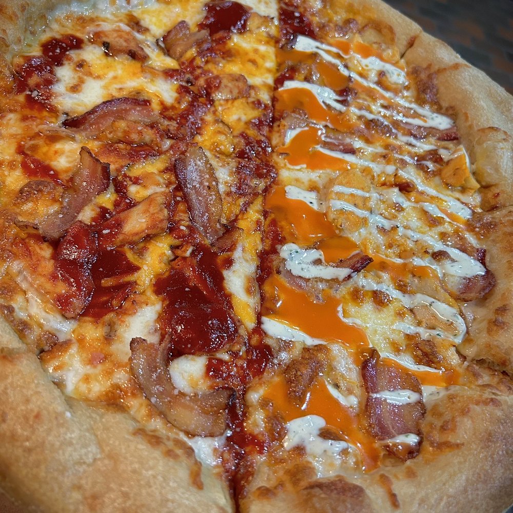 Mellow Mushroom - 1/2 & 1/2 large Buffalo Chicken & Funky Q Chicken - Pizza Near Me - Fort Worth, Texas Mellow Mushroom - 1/2 & 1/2 large Buffalo Chicken & Funky Q Chicken - Pizza Near Me - Fort Worth, Texas