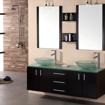 Design Element - 60" Double Sink Bathroom Vanity Shown With Tempered Glass Vessel Sinks and Counter Top, Espresso Finish. Portland Collection. - Cabinetry Near Me - Rancho Cucamonga, California Design Element - 60" Double Sink Bathroom Vanity Shown With Tempered Glass Vessel Sinks and Counter Top, Espresso Finish. Portland Collection. - Cabinetry Near Me - Rancho Cucamonga, California