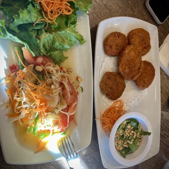 S Thai Food - S11. Papaya Salad and A8. Fish Cake - Thai Near Me - Temecula, California S Thai Food - S11. Papaya Salad and A8. Fish Cake - Thai Near Me - Temecula, California