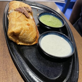 The Mexicano - The best f'n birria burrito -chimichanga style and two sauces that come with the burrito - Mexican Near Me - Phoenix, Arizona