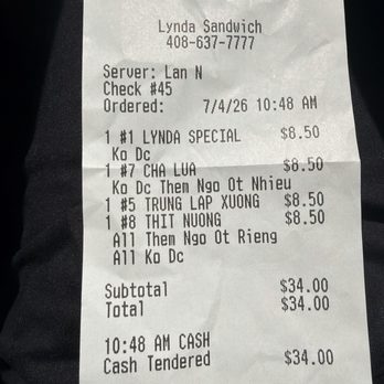 Lynda Sandwich - Receipt of Purchase - Sandwiches Near Me - San Jose, California Lynda Sandwich - Receipt of Purchase - Sandwiches Near Me - San Jose, California