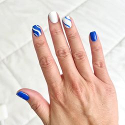 Blue and white gel design manicure