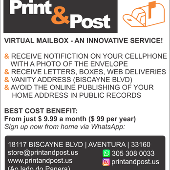 Print & Post - Virtual Mailboxes from $9.99 - Biscayne Blvd Address - Mailbox Centers Near Me - Aventura, Florida