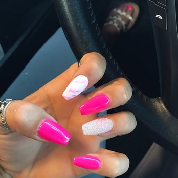 Sassy Nail Bar - Marble design, fairy dust, and hot pink! - Nail Salons Near Me - Costa Mesa, California
