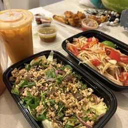 Larb, papaya salad, wings & Thai tea Larb, papaya salad, wings & Thai tea