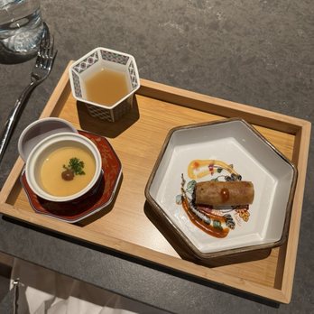 Itadaki - 3rd course - trio: crispy spring roll, chicken soup, chawanmushi - Japanese Near Me - Bellevue, Washington Itadaki - 3rd course - trio: crispy spring roll, chicken soup, chawanmushi - Japanese Near Me - Bellevue, Washington