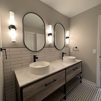 SpangleR Restoration - New bathroom vanity, lighting, mirrors and half tile wall behind vanity - General Contractors Near Me - Indian Trail, North Carolina SpangleR Restoration - New bathroom vanity, lighting, mirrors and half tile wall behind vanity - General Contractors Near Me - Indian Trail, North Carolina