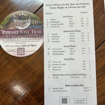 Century Farm Winery - Sampling menu - Wineries Near Me - Jackson, Tennessee