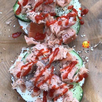 Los Bagels - Gluten free everything bagel with cucumber, smoked salmon, black pepper, everything seasoning, and sriracha on top. - Bakeries Near Me - Arcata, California