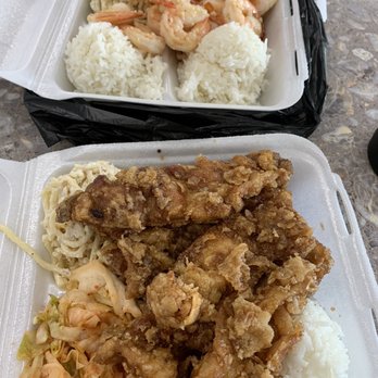 KJ's Local Grindz - 14 garlic shrimp and 5 humongo pieces of garlic chicken. - Chicken Shop Near Me - Kaneohe, Hawaii KJ's Local Grindz - 14 garlic shrimp and 5 humongo pieces of garlic chicken. - Chicken Shop Near Me - Kaneohe, Hawaii