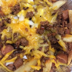 We call it "The Jim Bowl". French fries, chili, beans, cheese, chopped up hot dogs, and onions! Ask for it on Wednesdays