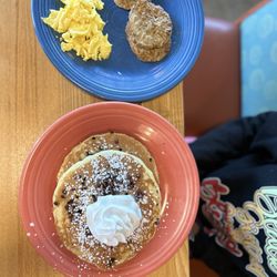 J Christopher's - Chocolate chip pancakes with eggs and turkey sausage