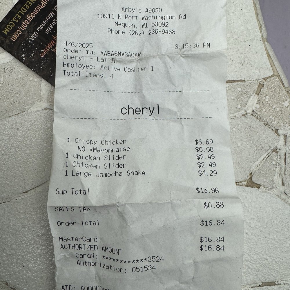My order. Chicken sandwich, two sliders and lg Jamocha Shake My order. Chicken sandwich, two sliders and lg Jamocha Shake