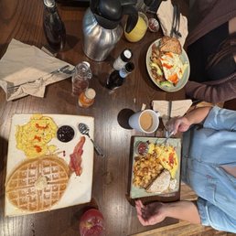 Love the waffles comes with jam and the buttery cinnamon. Love the waffles comes with jam and the buttery cinnamon.