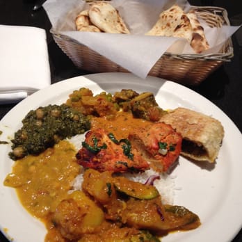 Saffron - Plate of food from lunch buffet  with a basket of naan - Indian Near Me - San Carlos, California