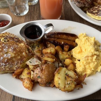 Plow - The Plow ($23): 2 small ricotta-lemon pancakes, house potatoes, scrambled eggs & 2 chicken-apple sausage links. - Breakfast & Brunch Near Me - San Francisco, California Plow - The Plow ($23): 2 small ricotta-lemon pancakes, house potatoes, scrambled eggs & 2 chicken-apple sausage links. - Breakfast & Brunch Near Me - San Francisco, California