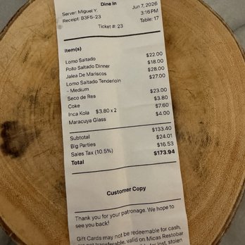 Micas Restobar - A fee of $24.01 for big parties. It was a party of 6 and they failed to mentioned it to us. - Peruvian Near Me - La Verne, California