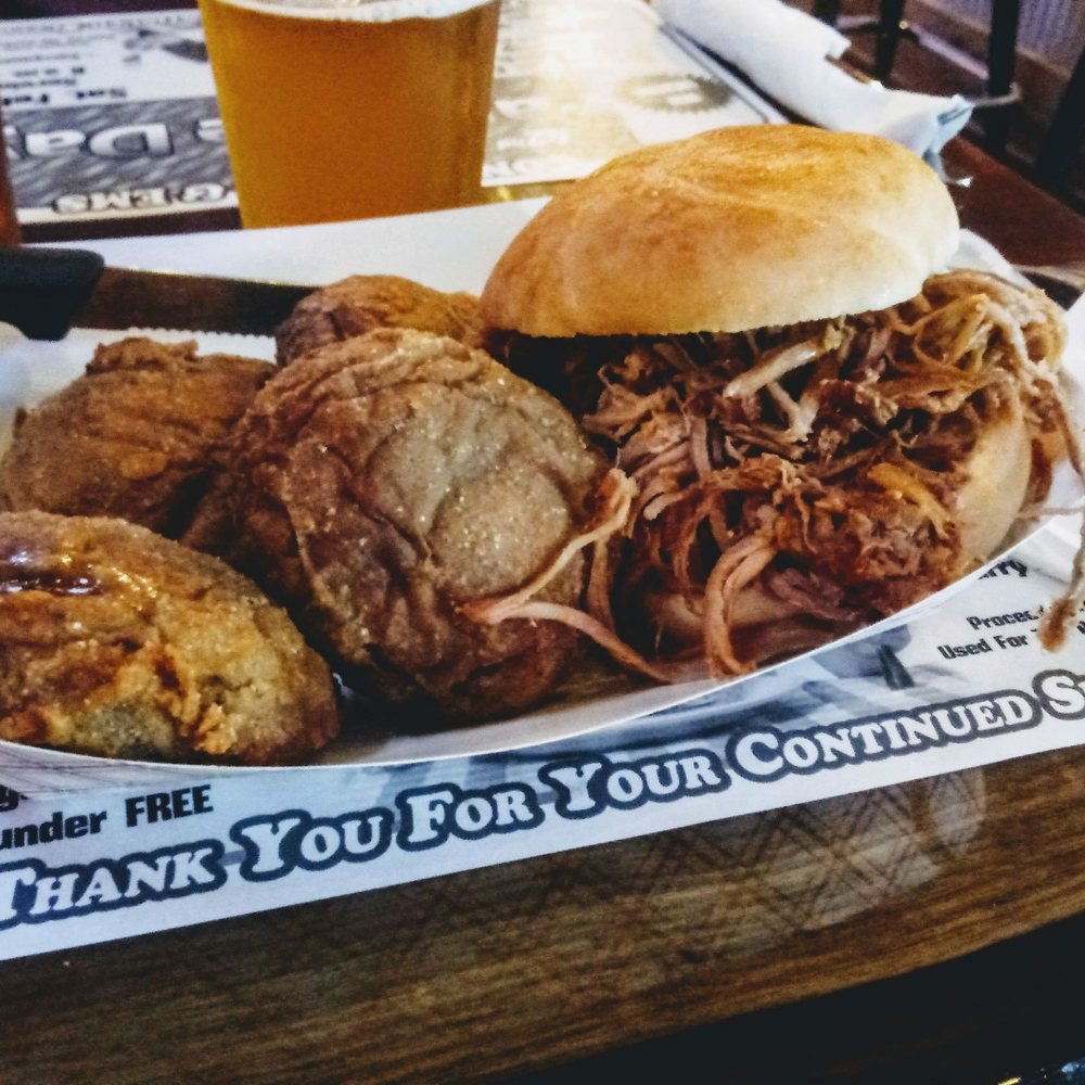 Gibson's Barnyard BBQ - Pulled pork on kaiser bun. $5.5 Hand Breaded Mushrooms $4.5 - Barbeque Near Me - Convoy, Ohio Gibson's Barnyard BBQ - Pulled pork on kaiser bun. $5.5 Hand Breaded Mushrooms $4.5 - Barbeque Near Me - Convoy, Ohio