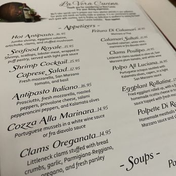 La Vera Cucina - First page of their menu - Italian Near Me - Monroe, New York
