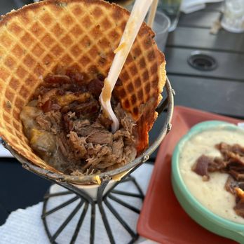 The Lighthouse Grill - Waffle cone with mashed potatoes and brisket - American Near Me - Trinidad, California The Lighthouse Grill - Waffle cone with mashed potatoes and brisket - American Near Me - Trinidad, California