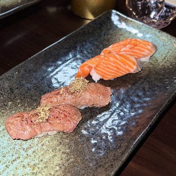Norikase - (Left:) Japanese A5 waygu (right:) *sake* king salmon - Sushi Bars Near Me - Jacksonville, Florida