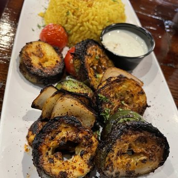 Olea - Vegetable Souvlaki Platter (a tad charred) - Mediterranean Near Me - Fayetteville, North Carolina Olea - Vegetable Souvlaki Platter (a tad charred) - Mediterranean Near Me - Fayetteville, North Carolina