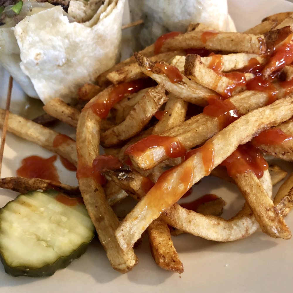 McCarthy's Pub - Steak and Cheese Wrap with Onions, Peppers and Mushrooms. Hand cut French Fries - Bars Near Me - Belchertown, Massachusetts