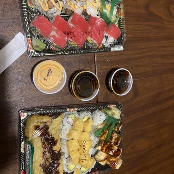 Aoki Sushi - Top- spicy salmon & I love tuna. Bottom- crazy California, volcano, dragon. - Sushi Bars Near Me - Greenville, South Carolina