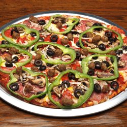 Rusty's Special - Teaming with Pepperoni, salami, sausage, mushrooms, black olives & fresh tomatoes. Choice of fresh bell pepper or anchovy.