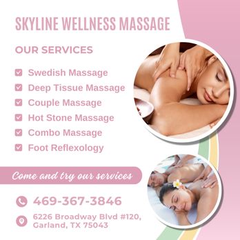 Skyline Wellness Massage - Check out our services and benefits. - Massage Near Me - Garland, Texas Skyline Wellness Massage - Check out our services and benefits. - Massage Near Me - Garland, Texas