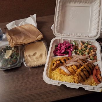 Kareem's - Chicken plate with rice and chickpea salad.  Side of hummus and side ot tabbouleh. - Mediterranean Near Me - Anaheim, California