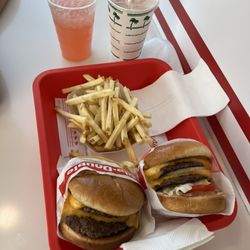 In-N-Out Burger - 2 Double- Double Burgers, one plain one normal Fresh French Fries Strawberry Milkshake