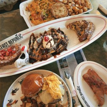 Breakfast Republic - Side of Jalapeno Bacon Cheddar Sausage, Breakfast Burger, Veggie Scramble, and French Toast Sampler - Breakfast & Brunch Near Me - Long Beach, California Breakfast Republic - Side of Jalapeno Bacon Cheddar Sausage, Breakfast Burger, Veggie Scramble, and French Toast Sampler - Breakfast & Brunch Near Me - Long Beach, California
