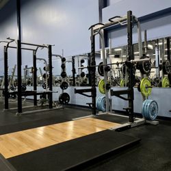 Northeast Health & Fitness - Squat rack and dead lift platform with bumper plates