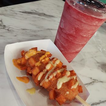 Myungrang Hotdog Westgate - #10 Sweet potato HotDog with a Strawberry drink - Hot Dogs Near Me - Glendale, Arizona Myungrang Hotdog Westgate - #10 Sweet potato HotDog with a Strawberry drink - Hot Dogs Near Me - Glendale, Arizona